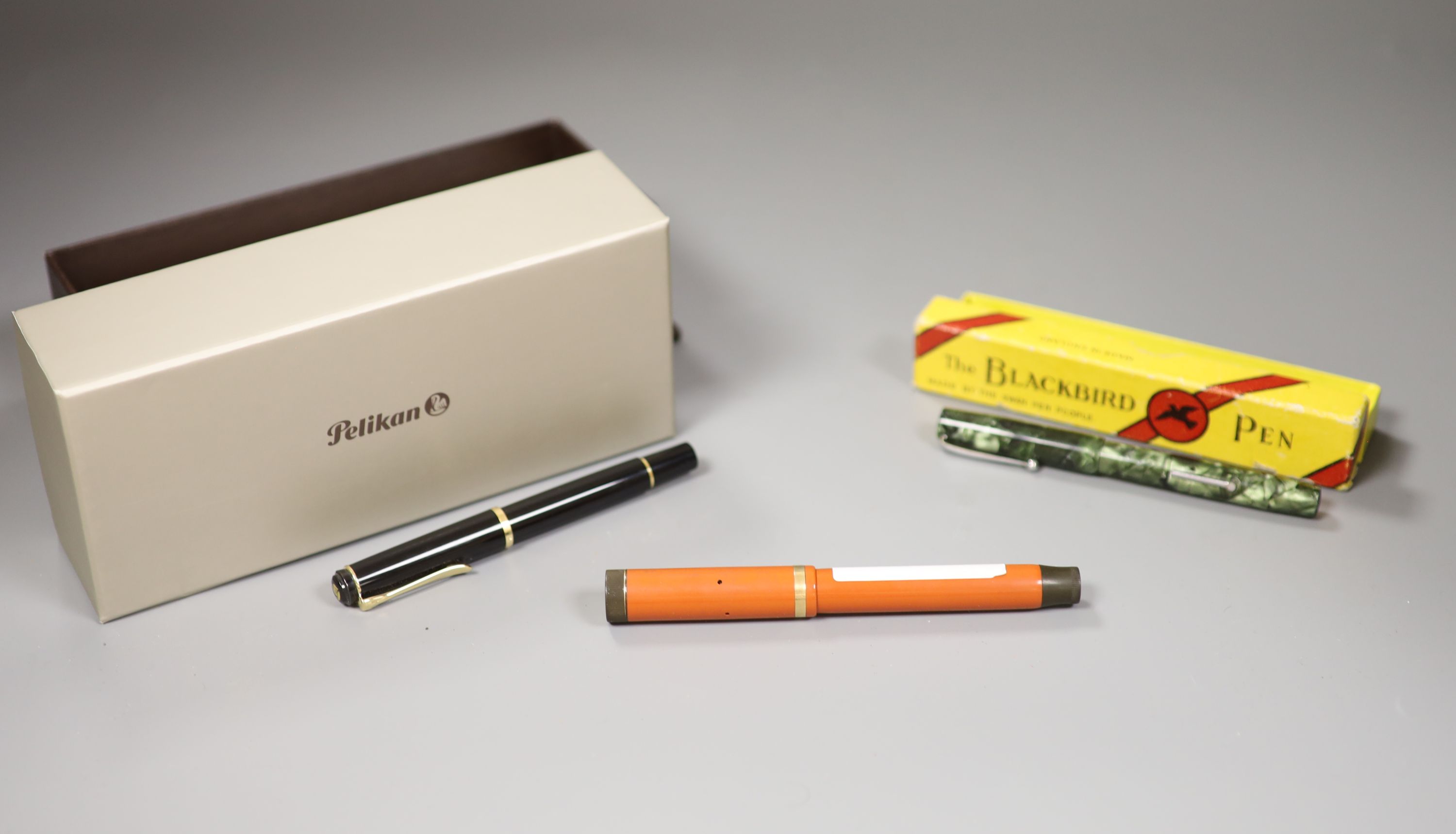 A Parker Duofold fountain pen, a Pelikan fountain pen and a Blackbird fountain pen